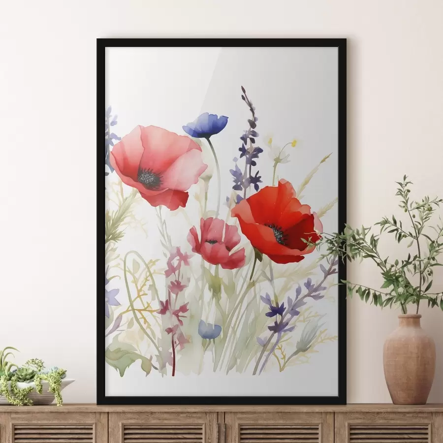 Papier peint photo Inflorescences de coquelicots, imitation aquarelle f46888