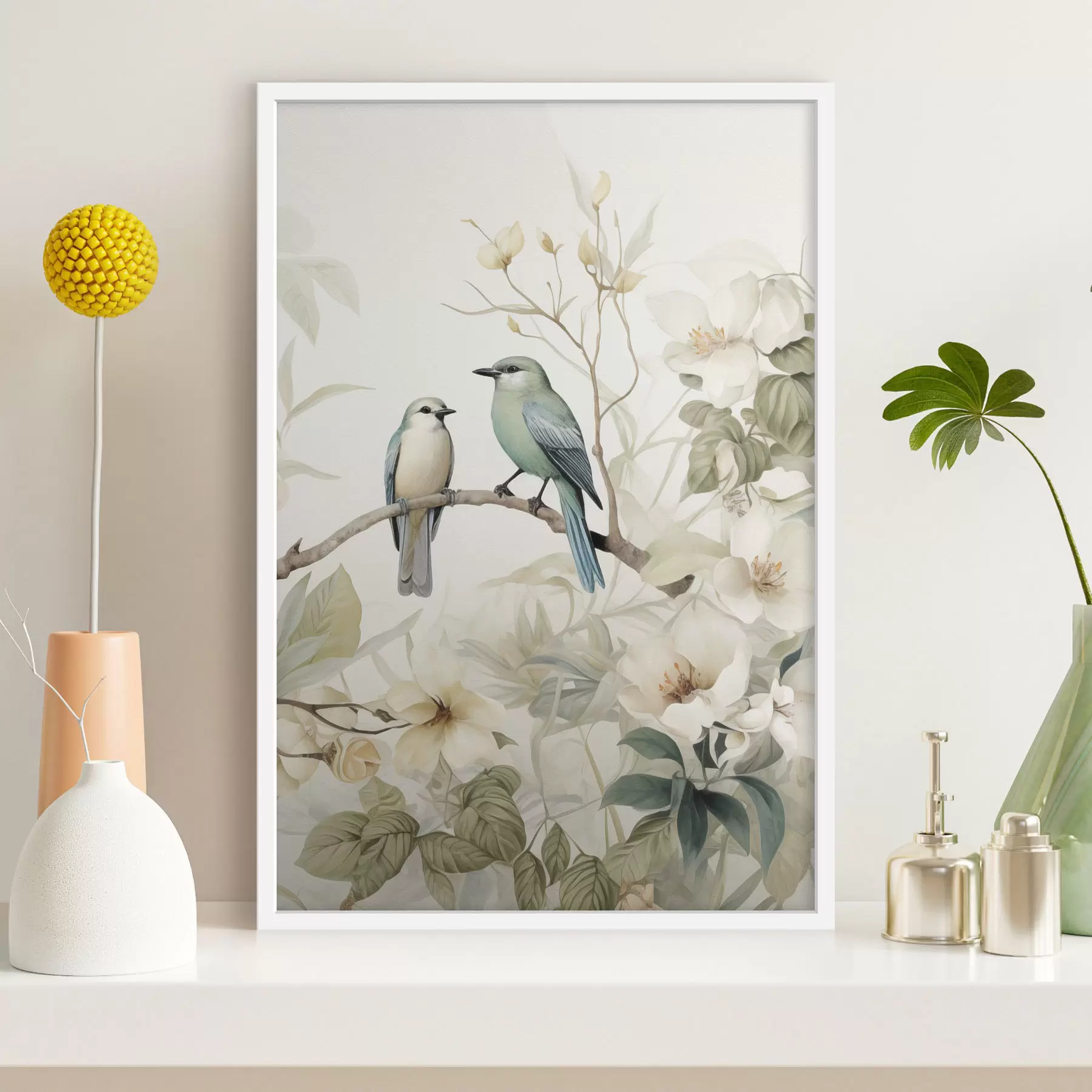 Papier peint photo Deux oiseaux sur des branches de jasmin f46896