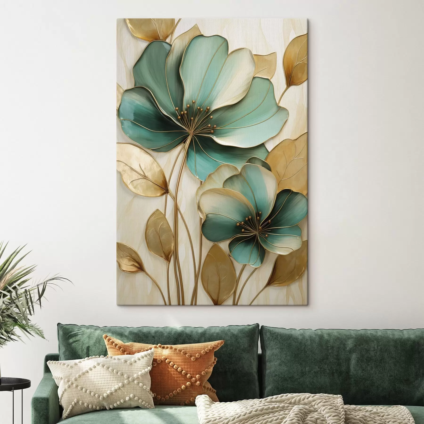  Schilderijen Grote blauwgroene en gele bloemen met contouren, omgeven door gele bladeren tegen een abstracte achtergrond s47418