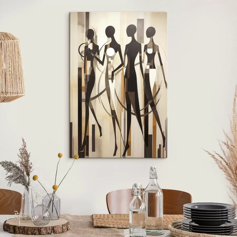  Peintures Figures féminines stylisées avec des éléments géométriques sur un fond abstrait de lignes verticales s47423