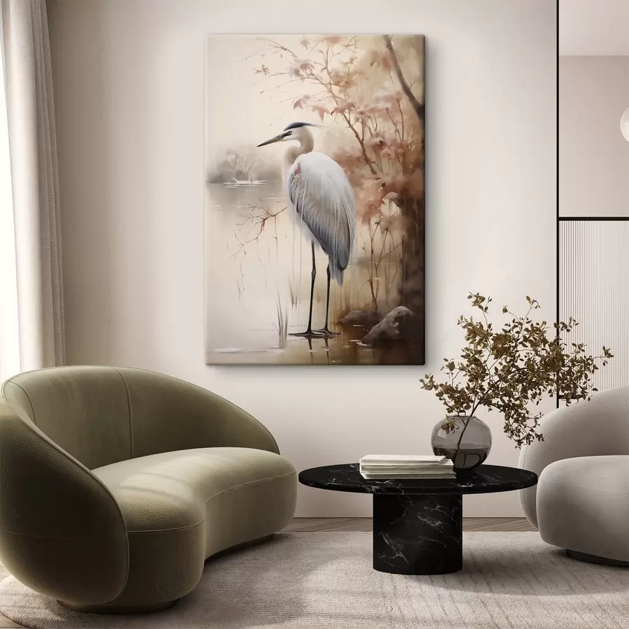  Peintures Un héron se tient sur un rocher dans un lac, avec de hautes herbes et des arbres en arrière-plan. s47427