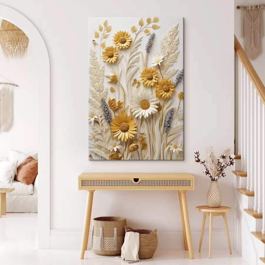  Peintures Une collection texturée de marguerites jaunes et blanches avec des herbes séchées et des brins de lavande sur fond blanc. s47430