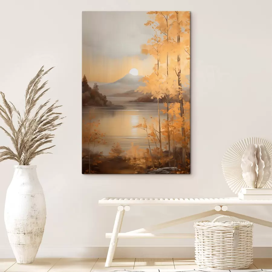  Peintures Des arbres aux feuilles orange, caractéristiques de l'automne, encadrent un lac paisible avec des montagnes lointaines sous un ciel nuageux. s47440