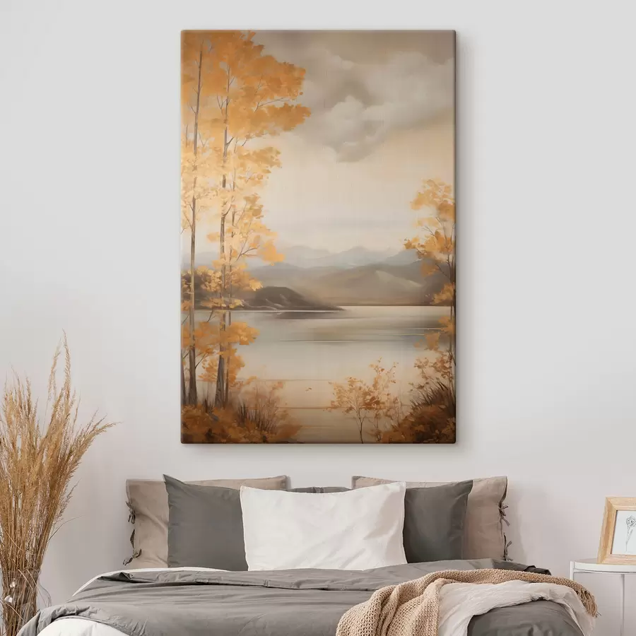  Peintures Des arbres aux feuilles orange, caractéristiques de l'automne, encadrent un lac paisible avec des montagnes lointaines sous un ciel nuageux. s47441