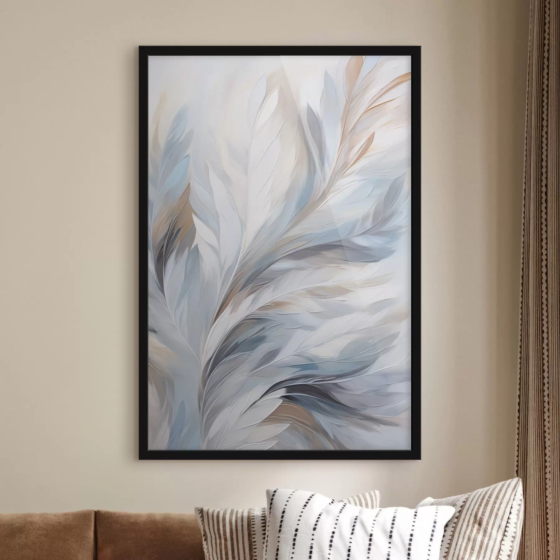 Papier peint photo Plumes délicates bleu clair et marron à la texture douce et éthérée, sur fond blanc. f47416