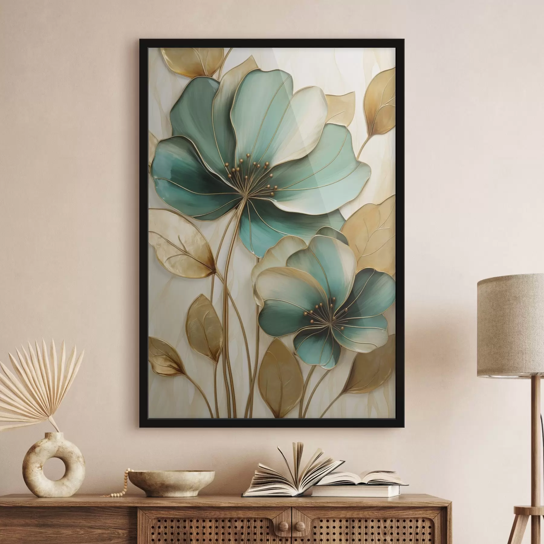 Fotobehang Grote blauwgroene en gele bloemen met contouren, omgeven door gele bladeren tegen een abstracte achtergrond f47418