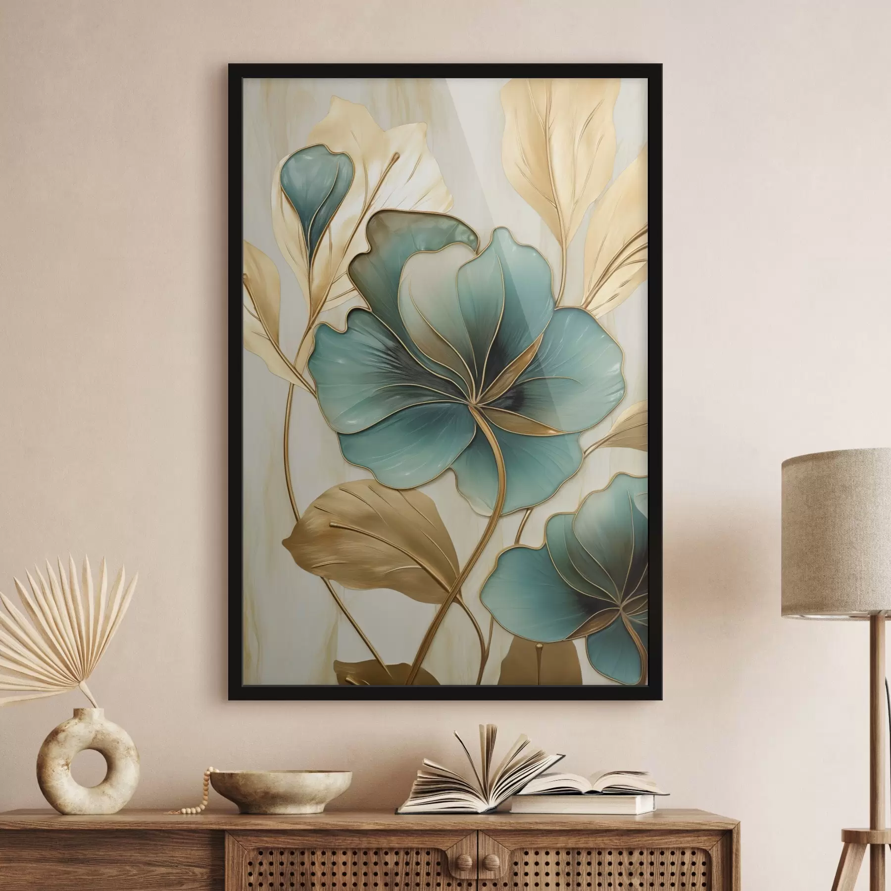Fotobehang Grote blauwgroene en gele bloemen met contouren, omgeven door gele bladeren tegen een abstracte achtergrond f47419