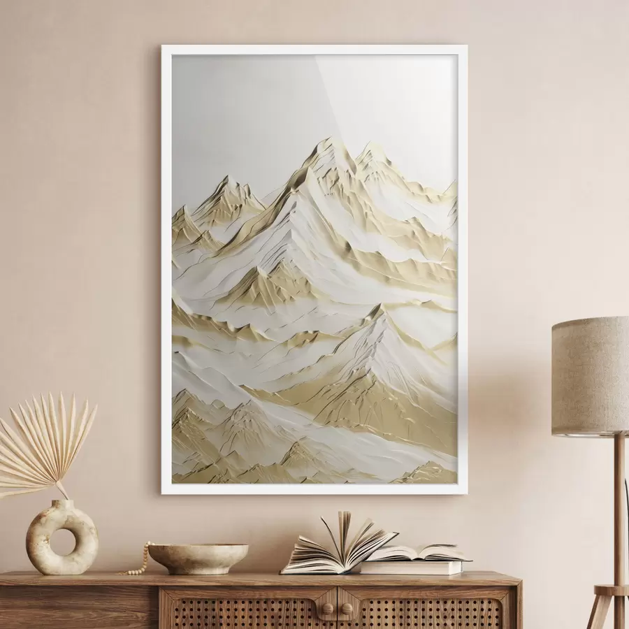 Papier peint photo Un paysage de montagnes jaunes enneigées aux pics acérés et aux vallées profondes sous un ciel clair. f47420