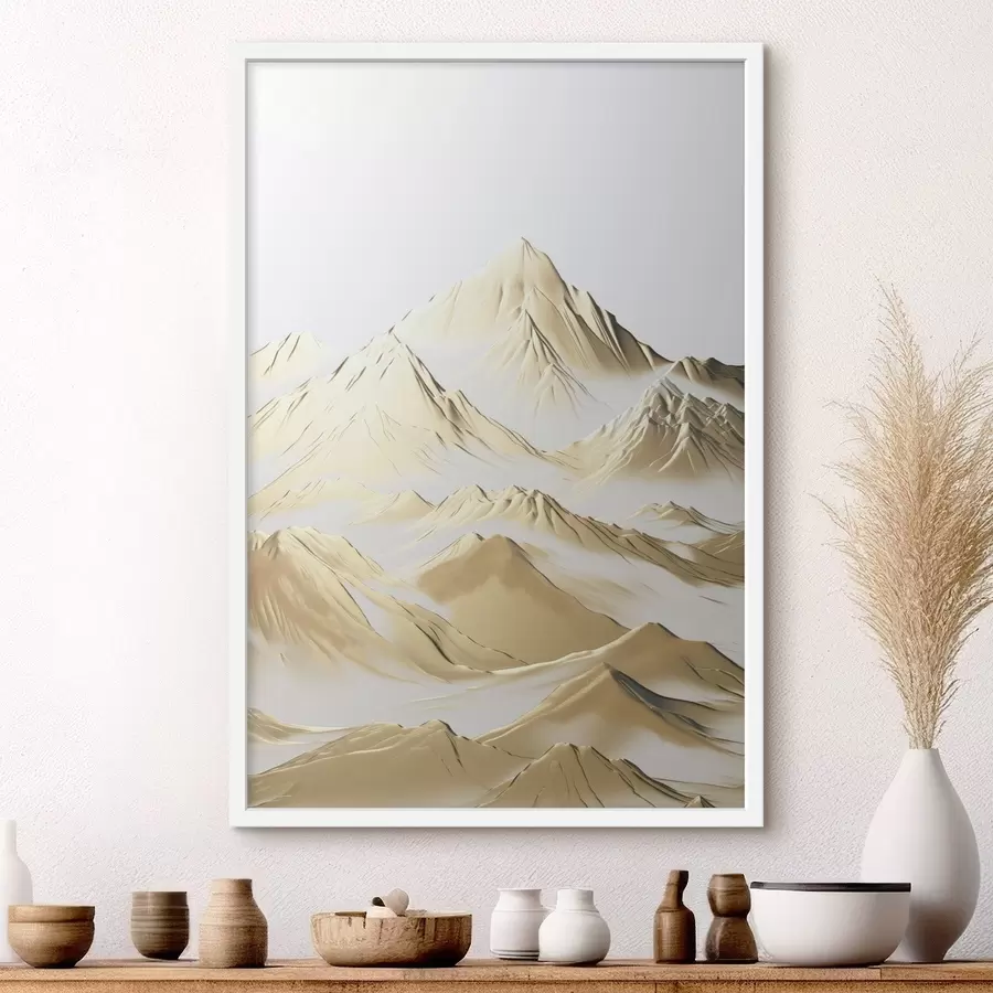 Papier peint photo Un paysage de montagnes jaunes enneigées aux pics acérés et aux vallées profondes sous un ciel clair. f47421