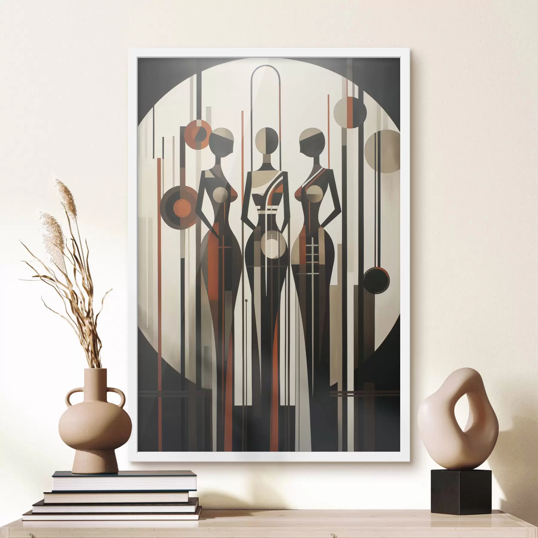 Fotobehang Gestileerde vrouwelijke figuren met geometrische elementen tegen een abstracte achtergrond van verticale lijnen en cirkels f47422