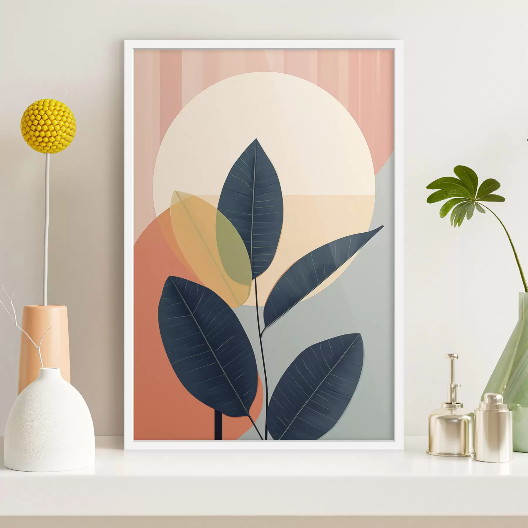 Fotobehang Donkere bladeren tegen een achtergrond van abstracte vormen in perzik en grijs met een grote, lichtgele cirkel f47424