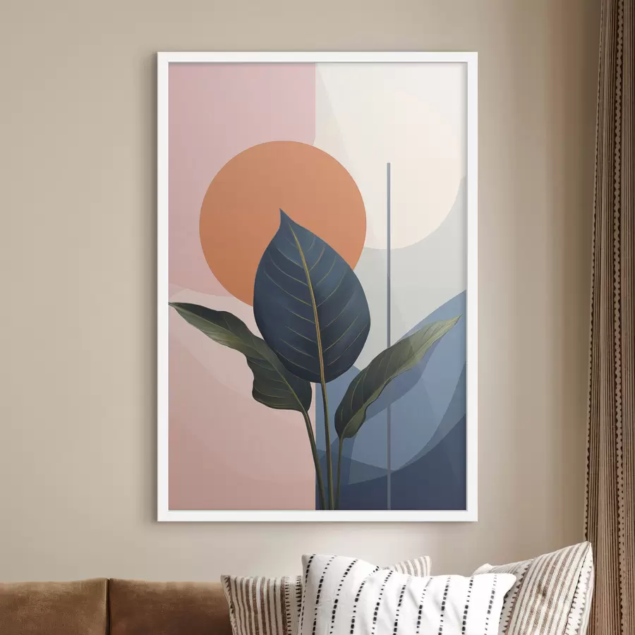 Papier peint photo Feuilles sombres sur fond de formes abstraites dans les tons pêche et gris avec un cercle orange f47425