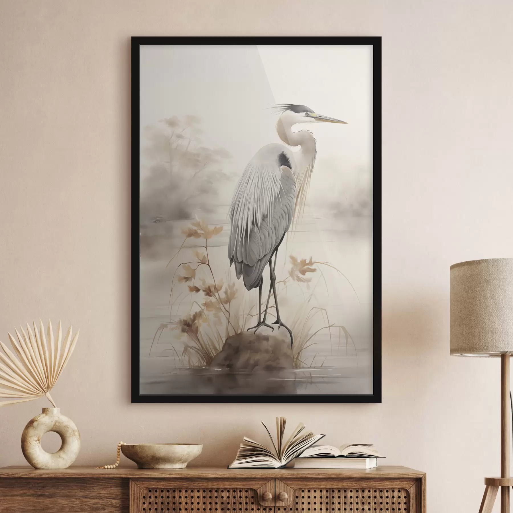 Fotobehang Een reiger staat op een rots in een meer met hoog gras en bomen op de achtergrond. f47426