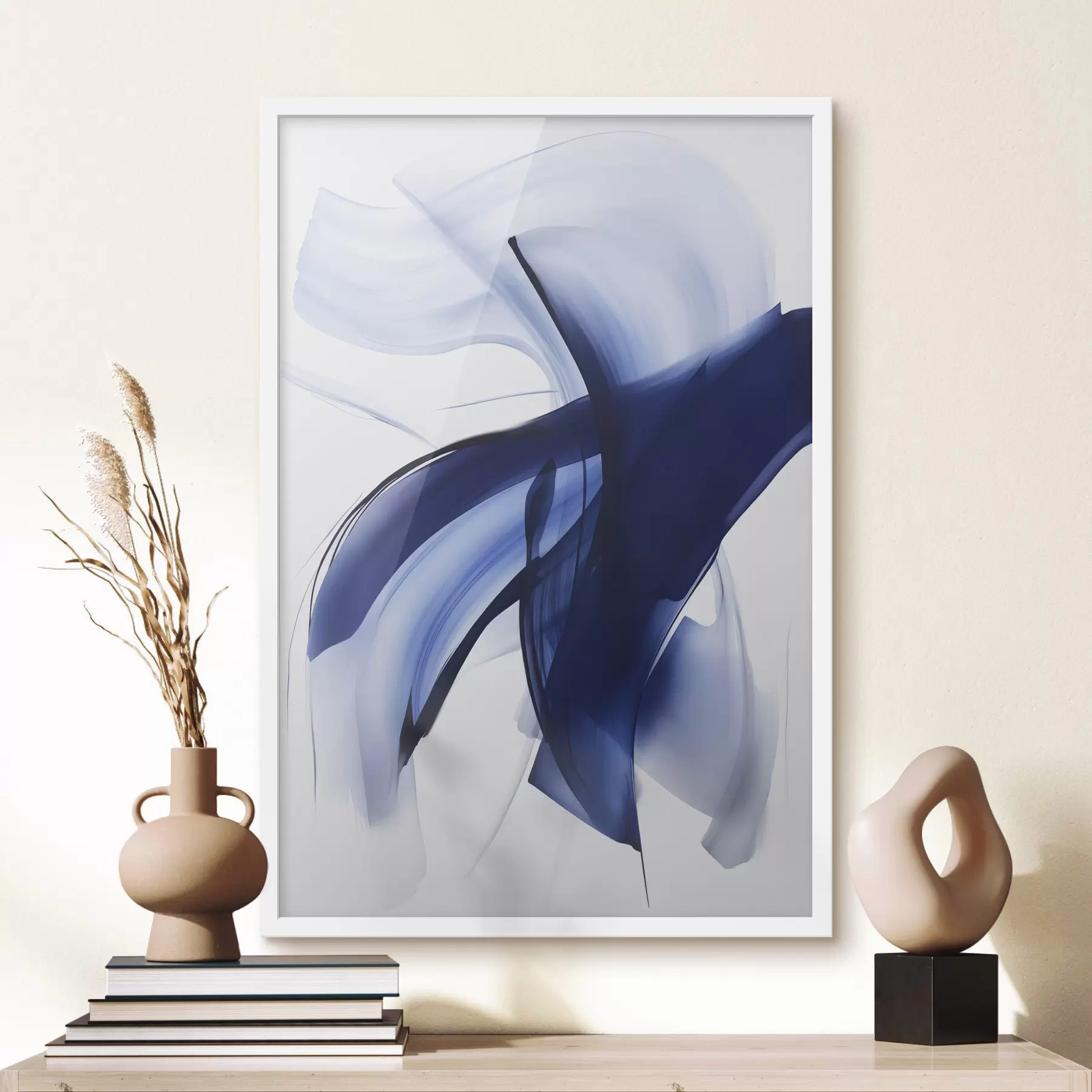 Papier peint photo Formes abstraites bleues ressemblant à des coups de pinceau, avec des lignes et des courbes fluides sur fond blanc, art moderne. f47429