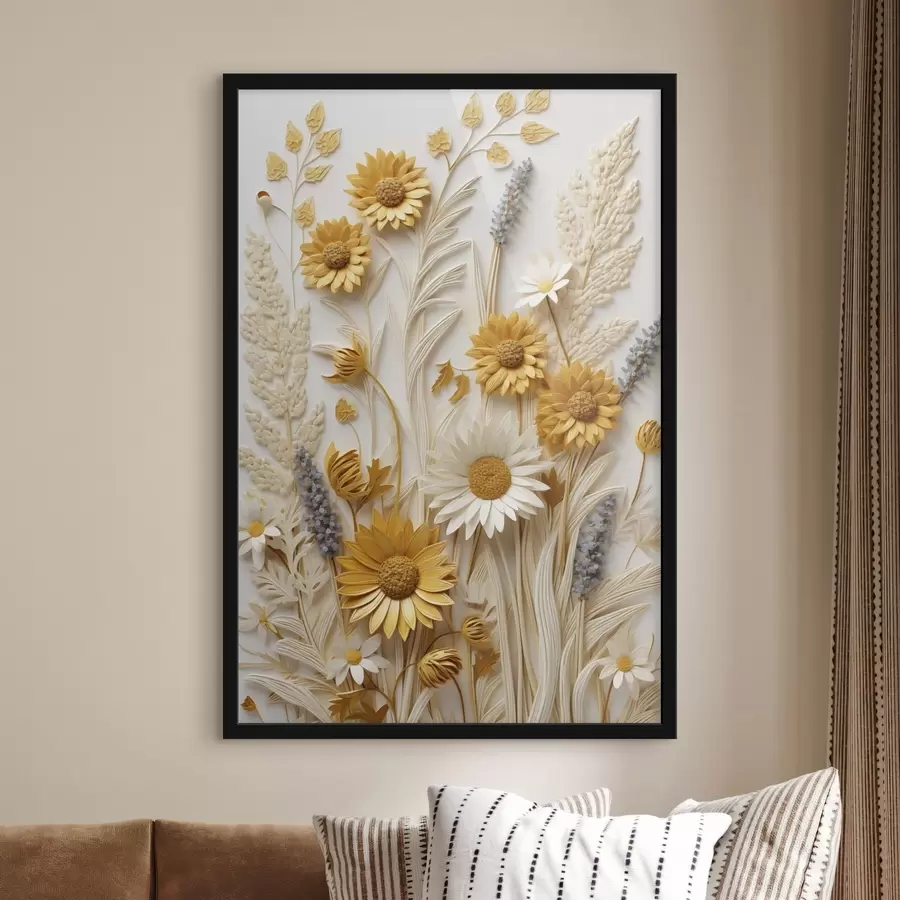 Papier peint photo Une collection texturée de marguerites jaunes et blanches avec des herbes séchées et des brins de lavande sur fond blanc. f47430