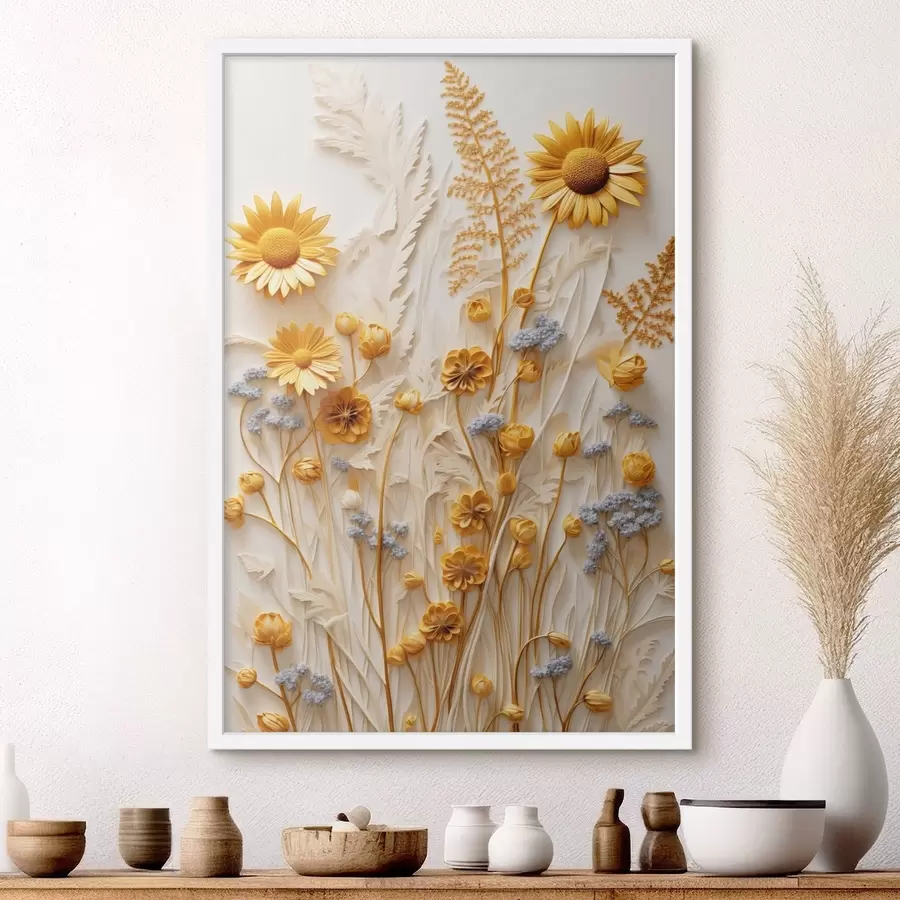 Papier peint photo Une collection texturée de marguerites jaunes et blanches avec des herbes séchées et des brins de lavande sur fond blanc. f47431