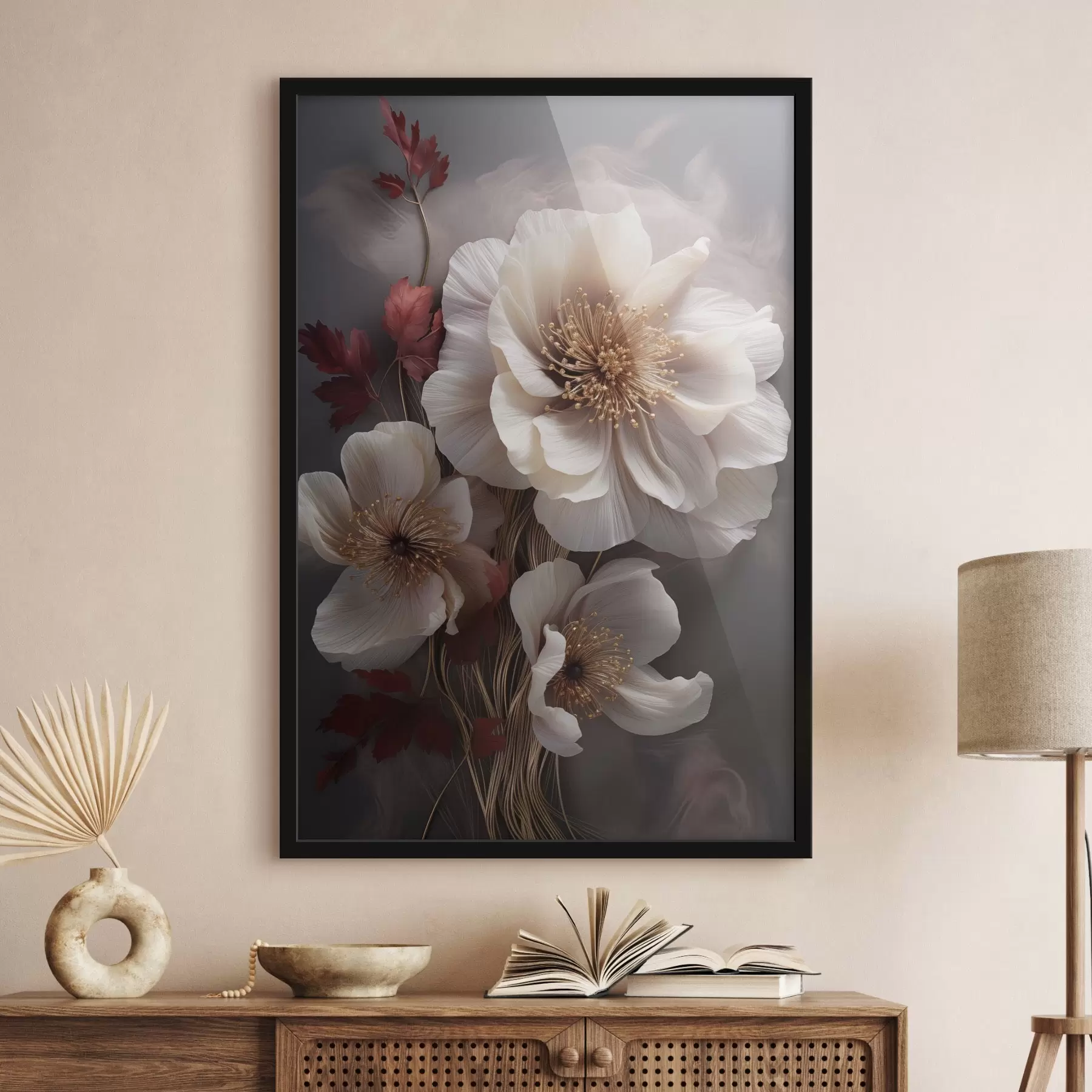 Papier peint photo Pivoines délicates aux pétales fins et vaporeux, entourées de feuilles rouge foncé sur fond abstrait. f47434