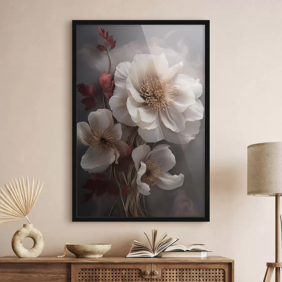 Papier peint photo Pivoines délicates aux pétales fins et vaporeux, entourées de feuilles rouge foncé sur fond abstrait. f47434