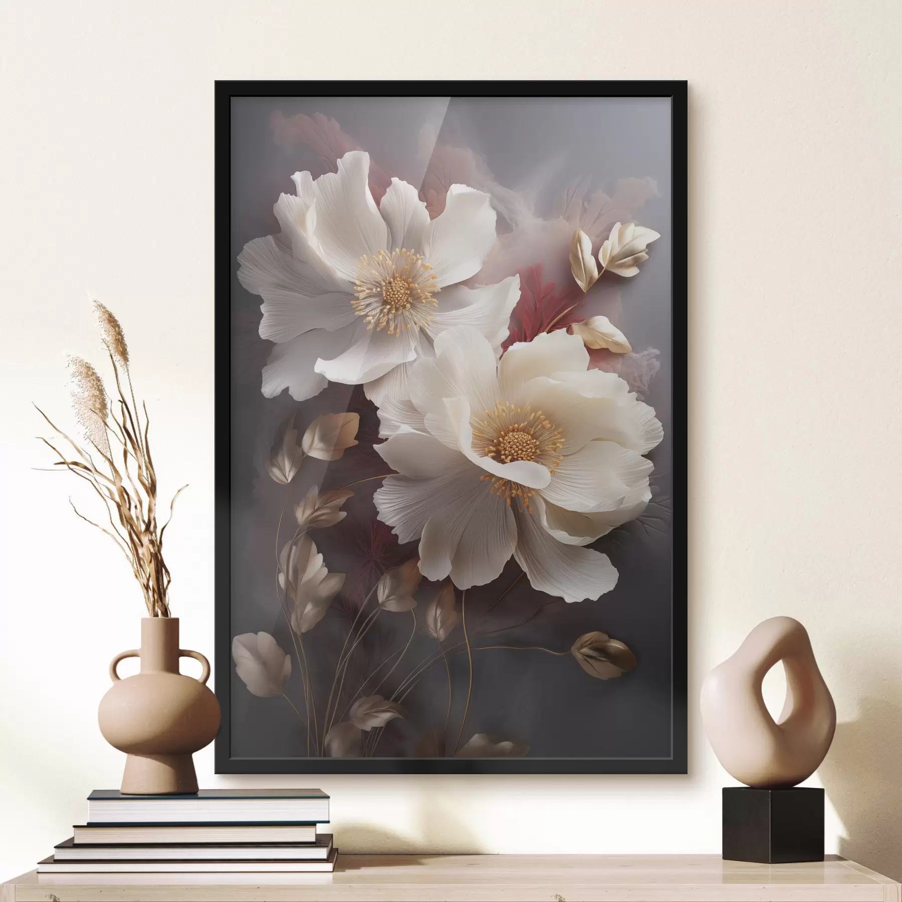 Papier peint photo Pivoines délicates aux pétales fins et vaporeux, entourées de feuilles rouge foncé et jaunes sur fond abstrait. f47435