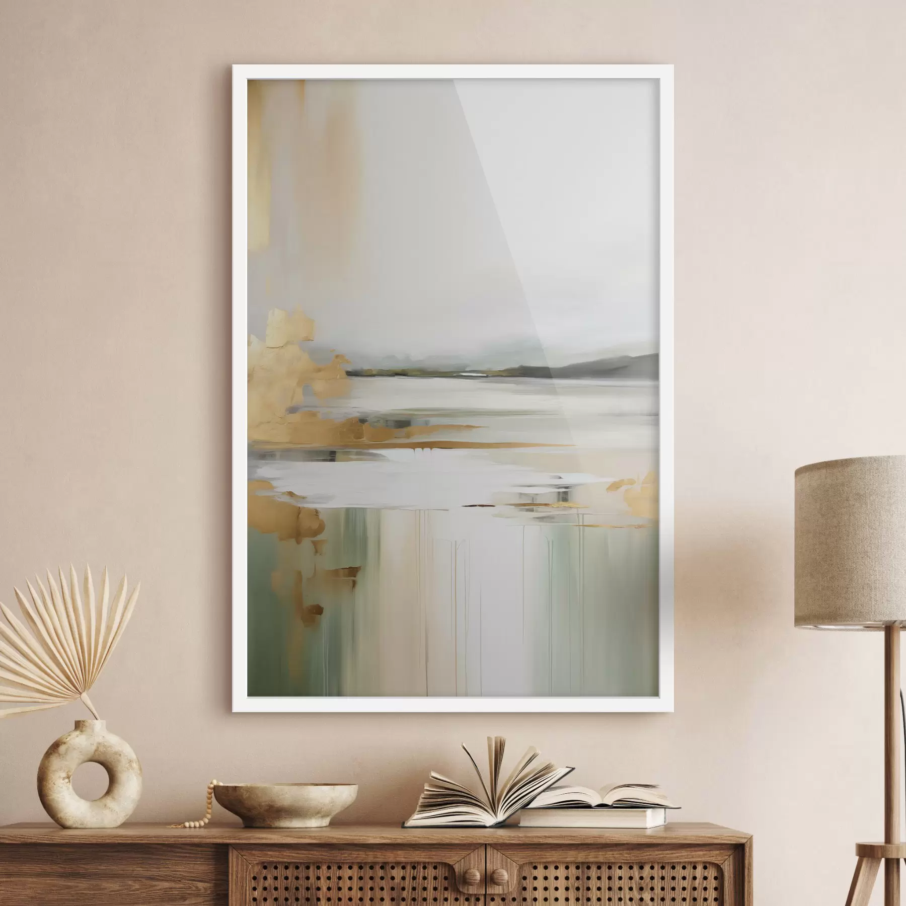 Fotobehang Abstract landschap met gele en groene tinten, water dat de lucht en verre bergen weerspiegelt, bleke, wazige lucht f47438