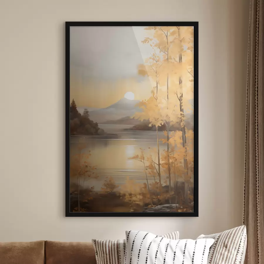 Papier peint photo Des arbres aux feuilles orange, caractéristiques de l'automne, encadrent un lac paisible avec des montagnes lointaines sous un ciel nuageux. f47440