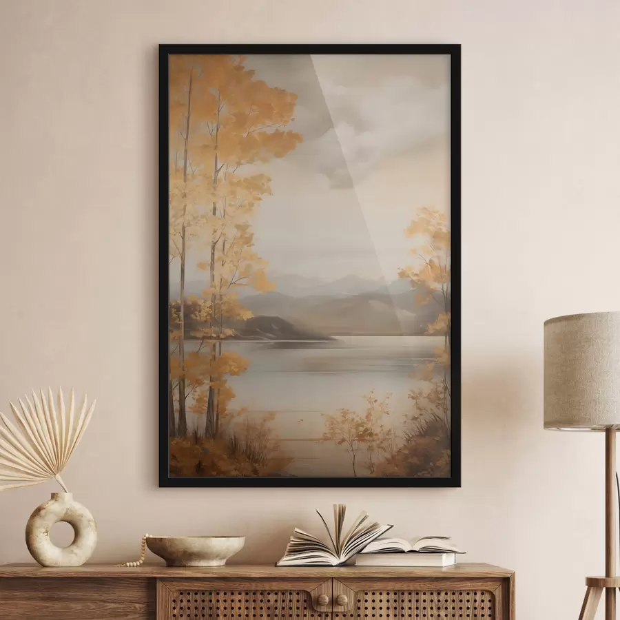 Papier peint photo Des arbres aux feuilles orange, caractéristiques de l'automne, encadrent un lac paisible avec des montagnes lointaines sous un ciel nuageux. f47441