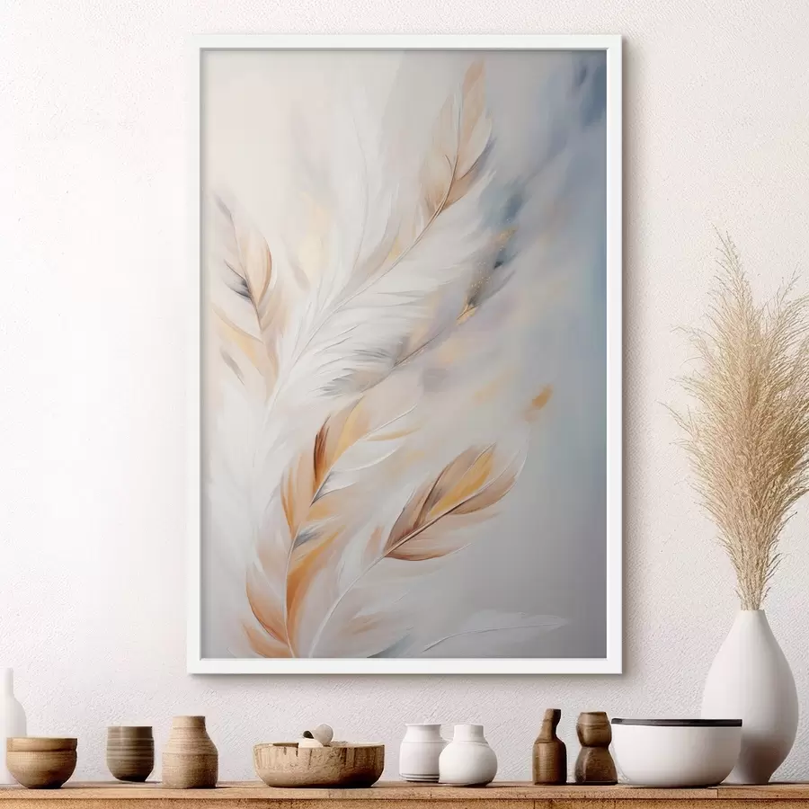 Papier peint photo Grandes plumes douces aux teintes blanches, jaunes et brunes, sur un fond clair et abstrait. f47443