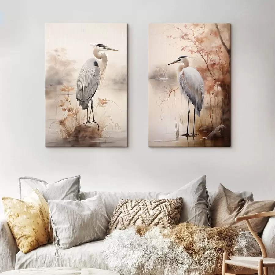  Peintures Un héron se tient sur un rocher dans un lac, avec de hautes herbes et des arbres en arrière-plan. m01239