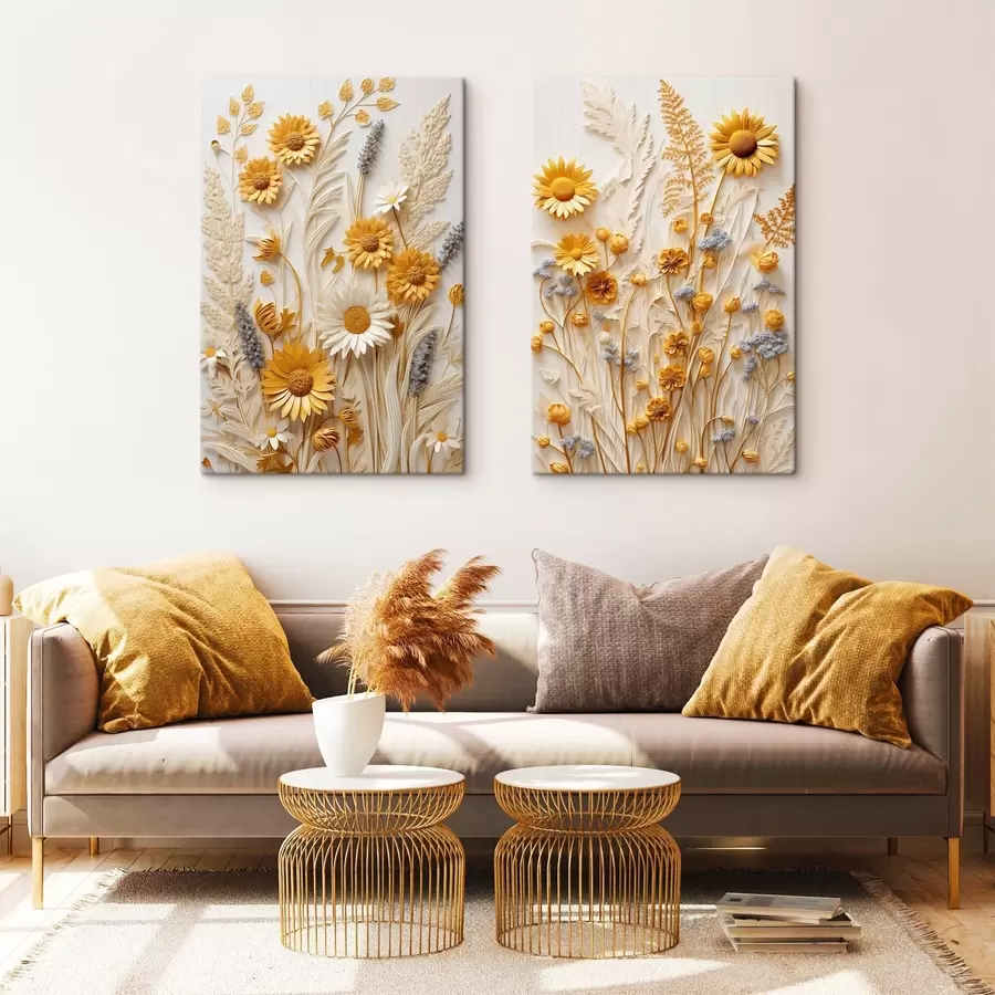  Peintures Une collection texturée de marguerites jaunes et blanches avec des herbes séchées et des brins de lavande sur fond blanc. m01241