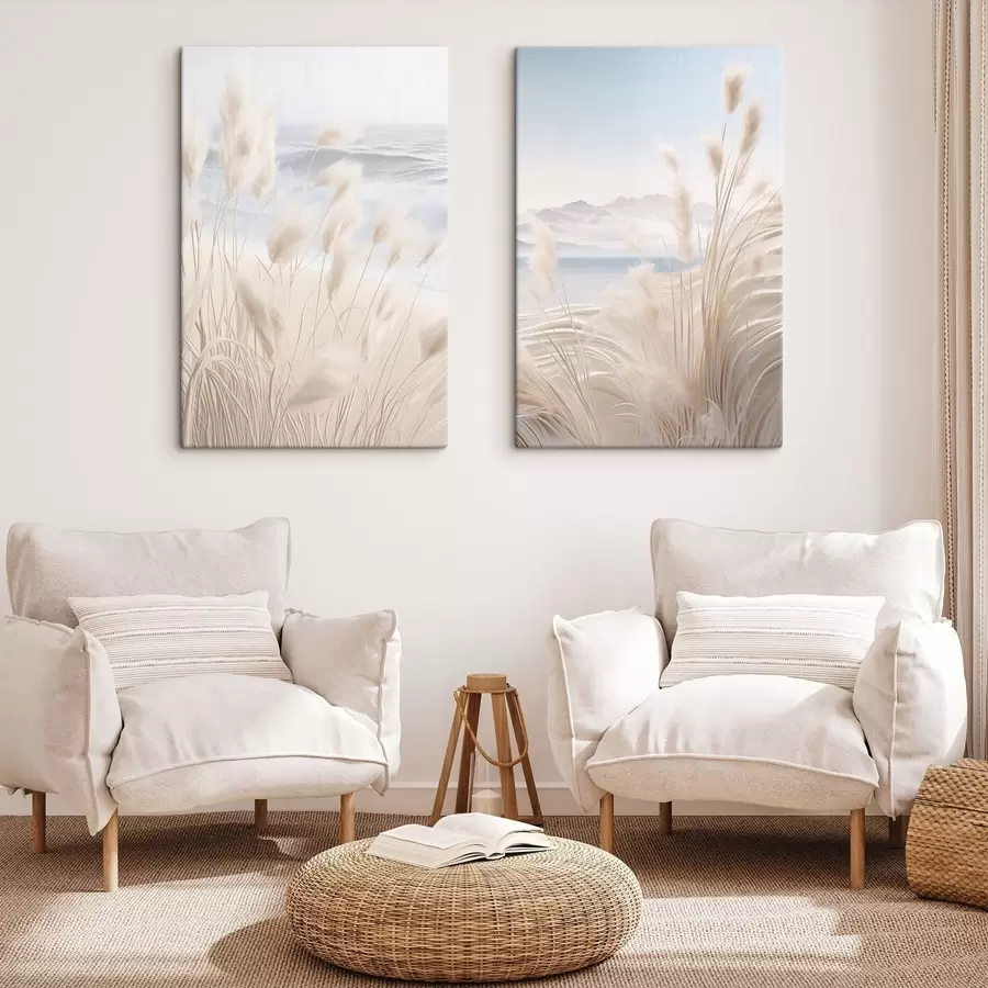  Peintures Haute herbe de pampa plumeuse dans des tons beiges doux au premier plan, avec une plage de sable en arrière-plan. m01242