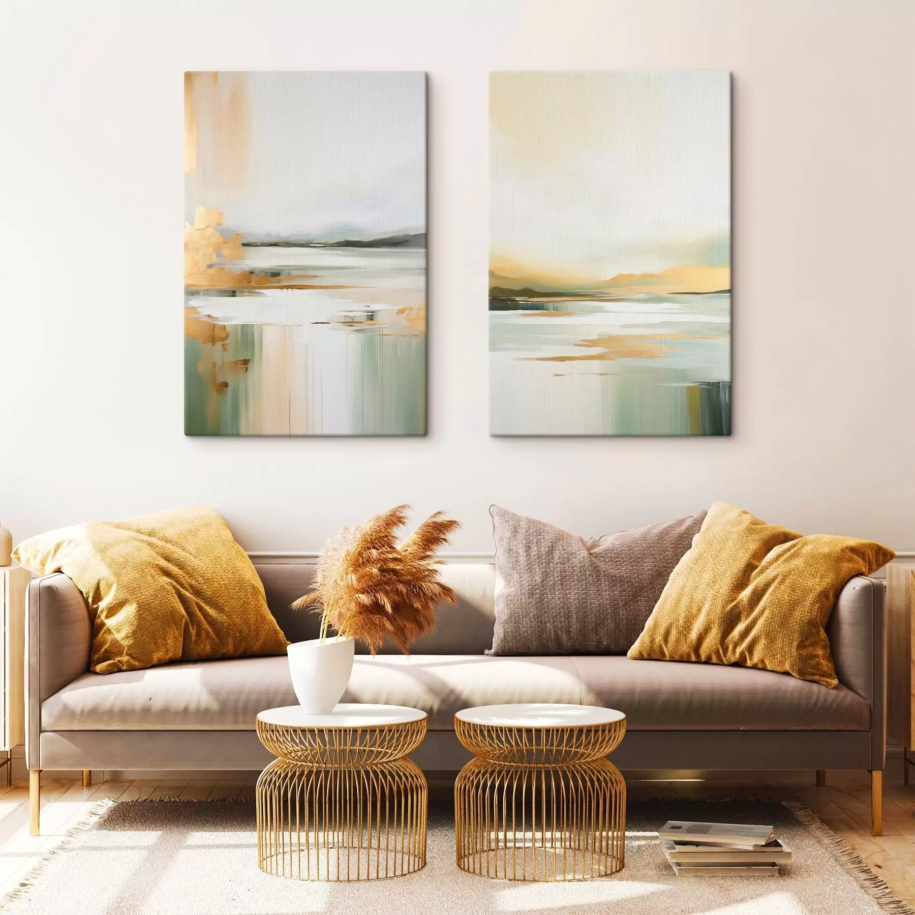 Papier peint photo Paysage abstrait aux tons jaunes et verts, eau reflétant le ciel et les montagnes lointaines, ciel pâle et brumeux m01245