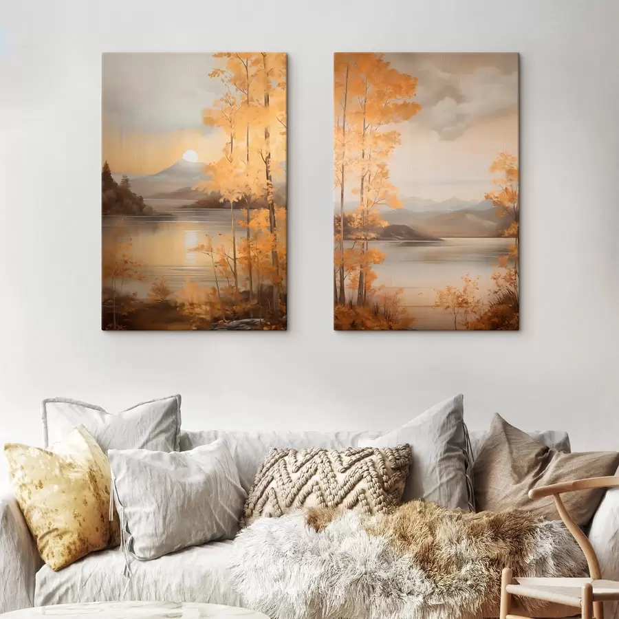  Peintures Des arbres aux feuilles orange, caractéristiques de l'automne, encadrent un lac paisible avec des montagnes lointaines sous un ciel nuageux. m01246