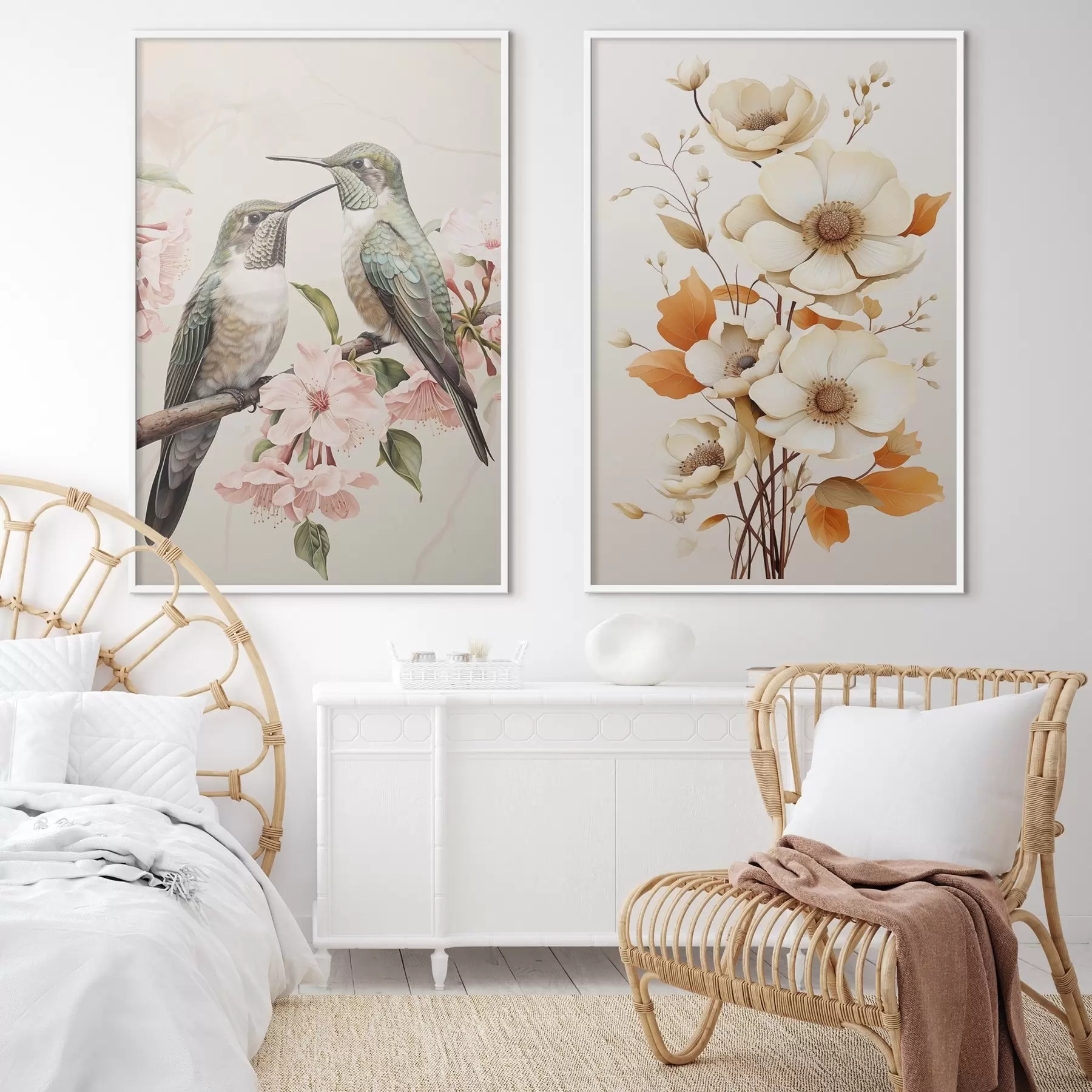 Fotobehang Bloemen en vogels op takken d00560