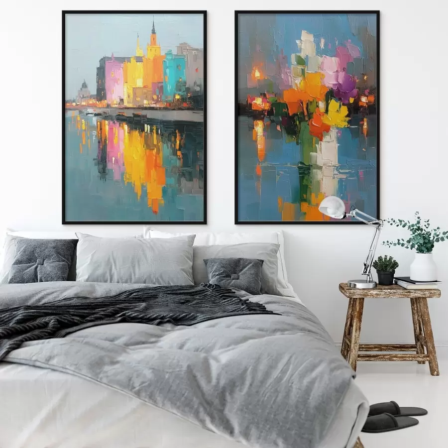 Papier peint photo Dynamique de la ville : composition abstraite avec des reflets de lumières sur la rivière d00569