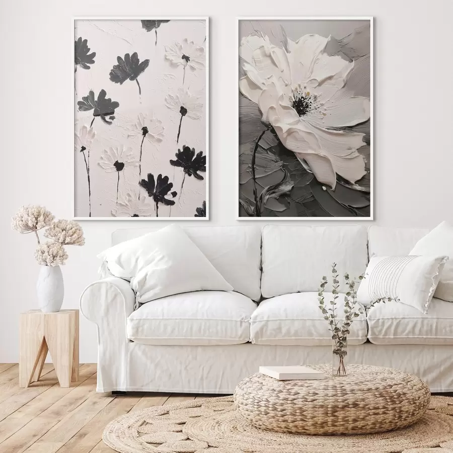 Papier peint photo Diptyque de fleurs blanches et noires dans un style moderne d00571