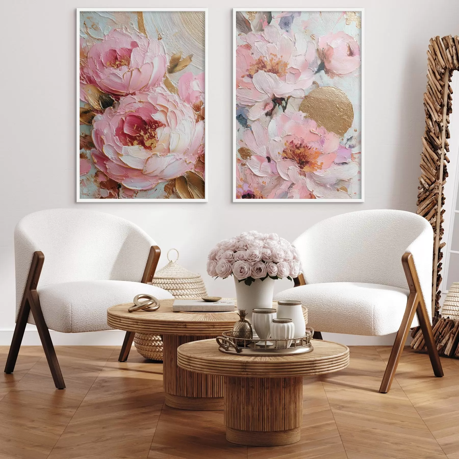 Papier peint photo Peinture volumétrique à l'empâtement avec des pivoines roses et des détails texturés d00573