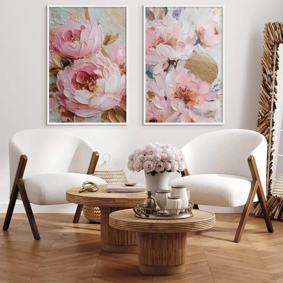 Papier peint photo Peinture volumétrique à l'empâtement avec des pivoines roses et des détails texturés d00573