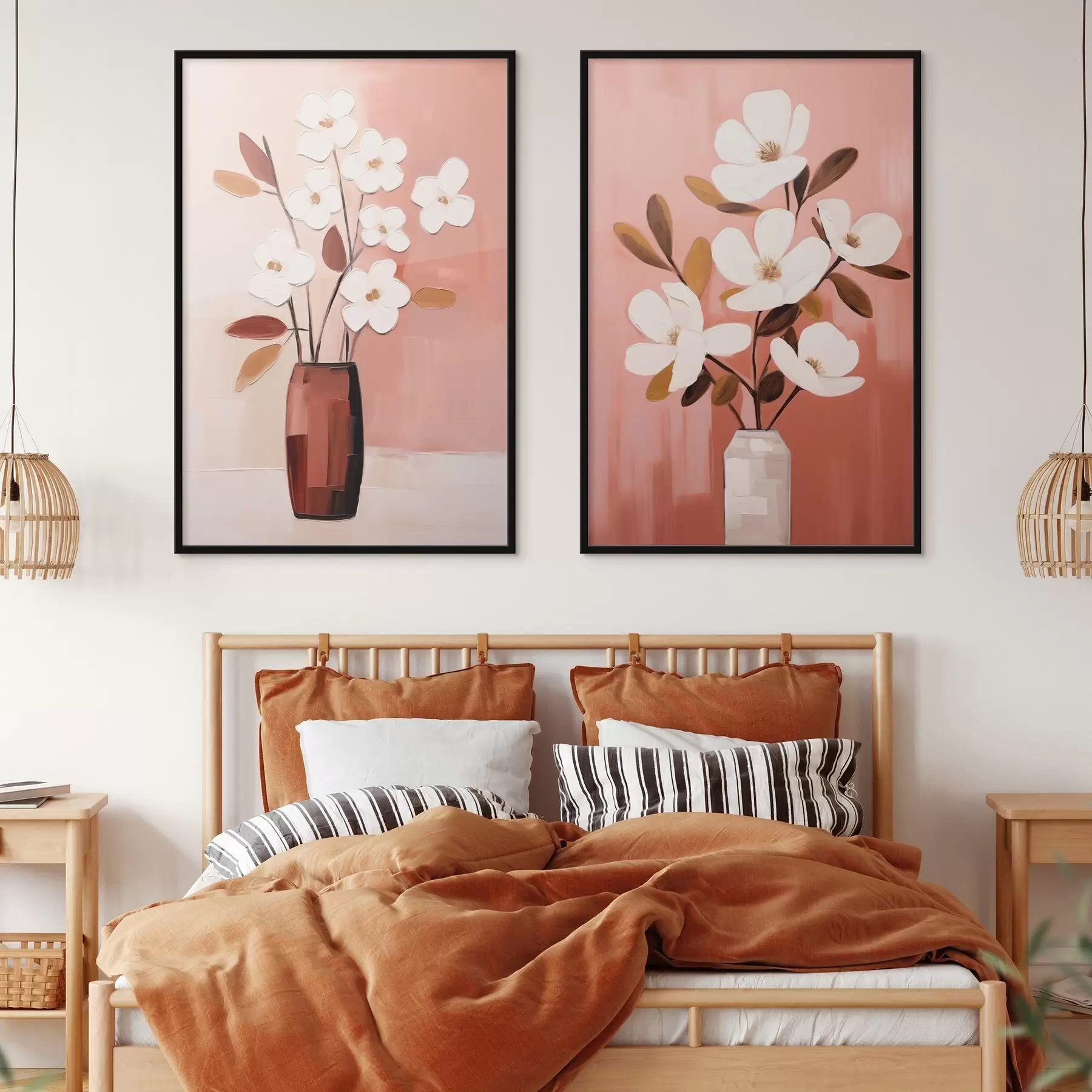 Papier peint photo Composition avec vases contrastés et fleurs blanches texturées d00575