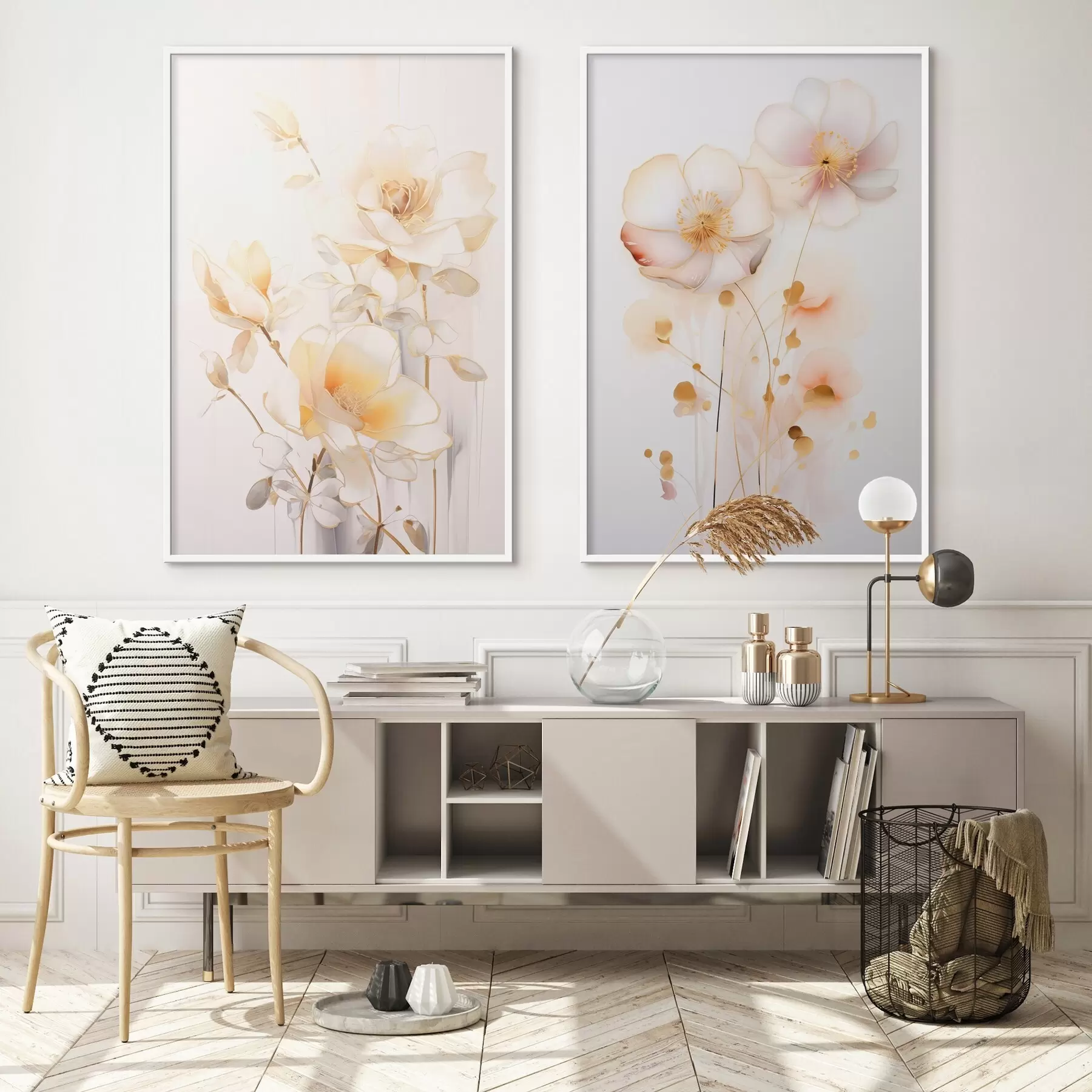 Fotobehang Bloemenduet: zacht tweeluik in aquarelstijl met elegante lijnen d00577
