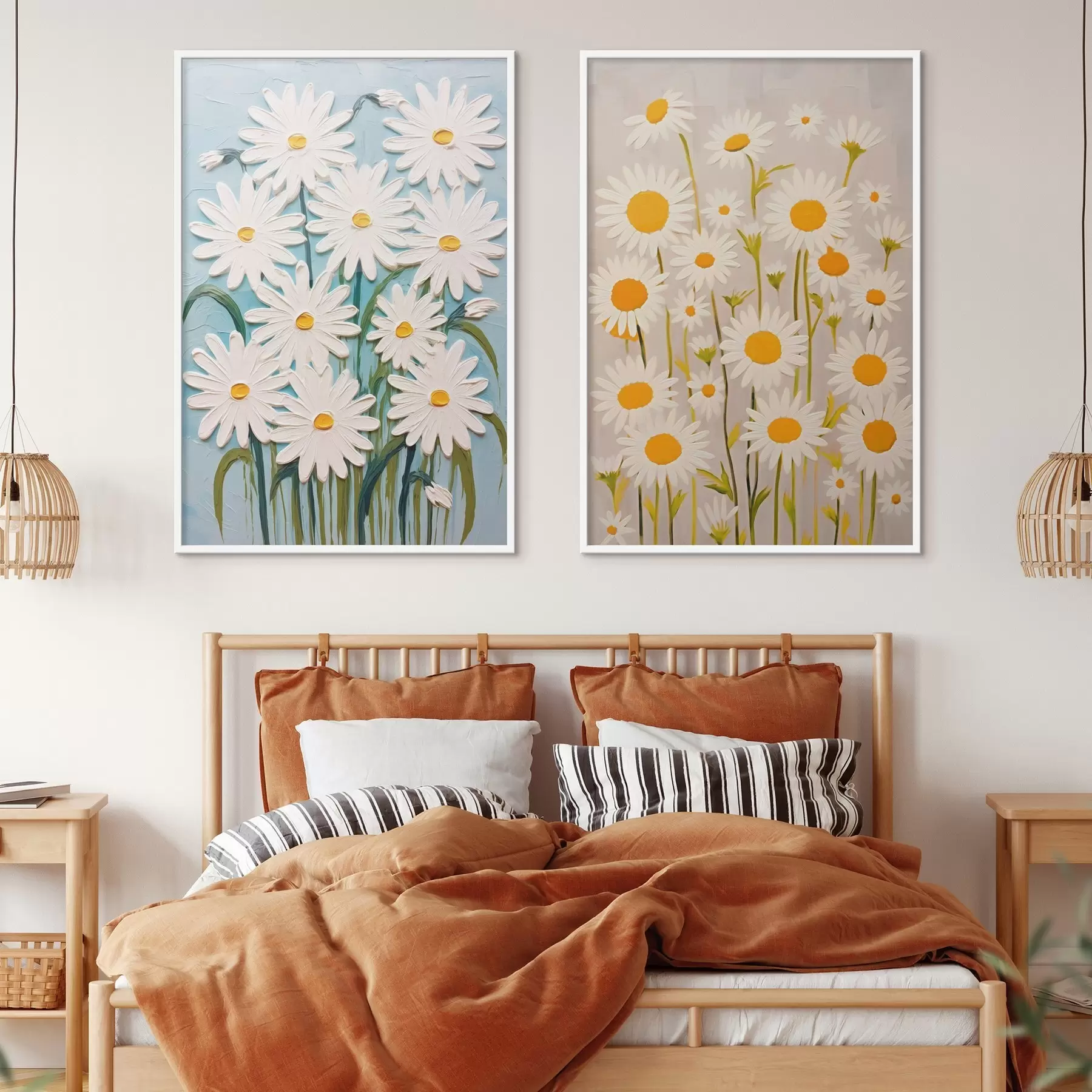 Fotobehang Lentefrisheid: tweeluik met volumineuze margrieten in impasto stijl d00633