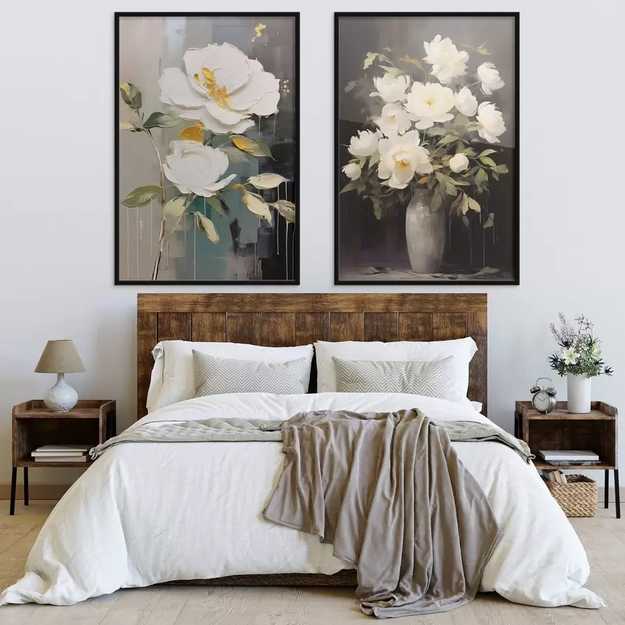 Papier peint photo Pivoines blanches sur fond sombre : composition décorative d00634