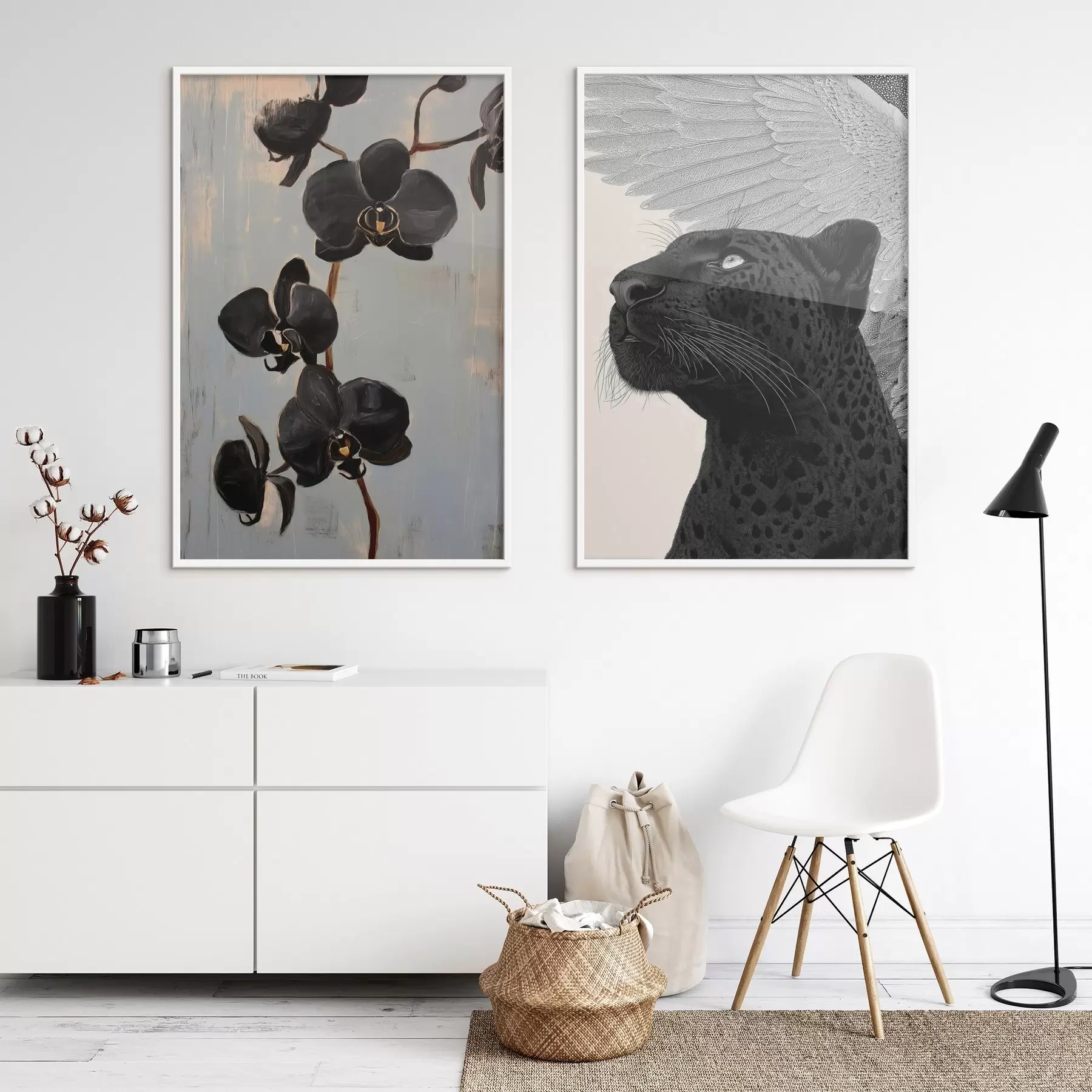 Fotobehang Donkere orchideeën en gevleugeld beest: artistieke compositie d00640
