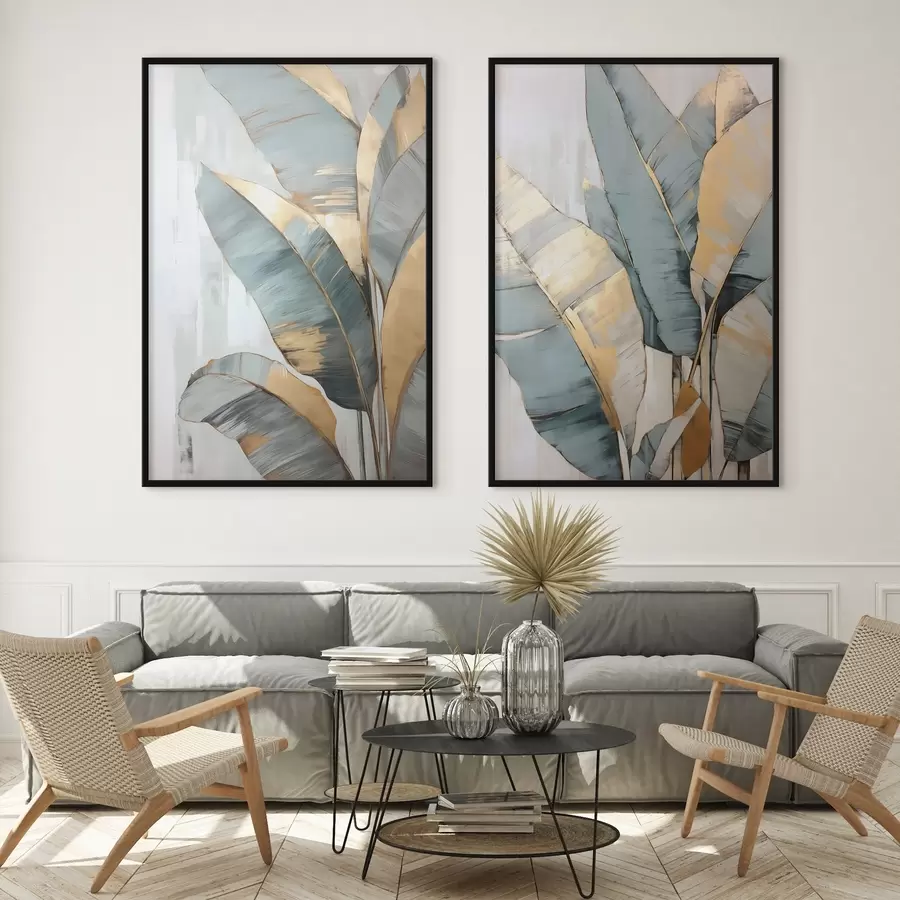 Papier peint photo Un ensemble de feuilles de bananier bleues, grises et jaunes avec des coups de pinceau visibles, sur un fond blanc abstrait d00645