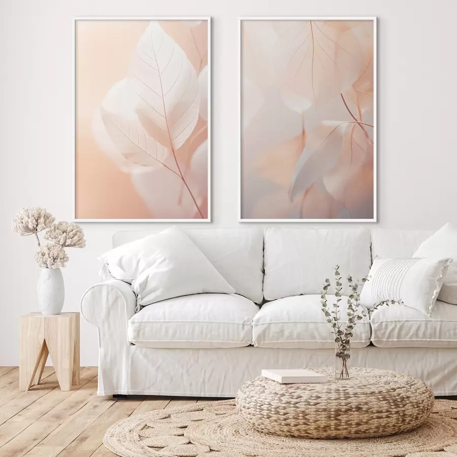 Papier peint photo Gros plan sur des feuilles translucides aux nervures délicates, palette de couleurs pêche et blanc, arrière-plan flou d00647