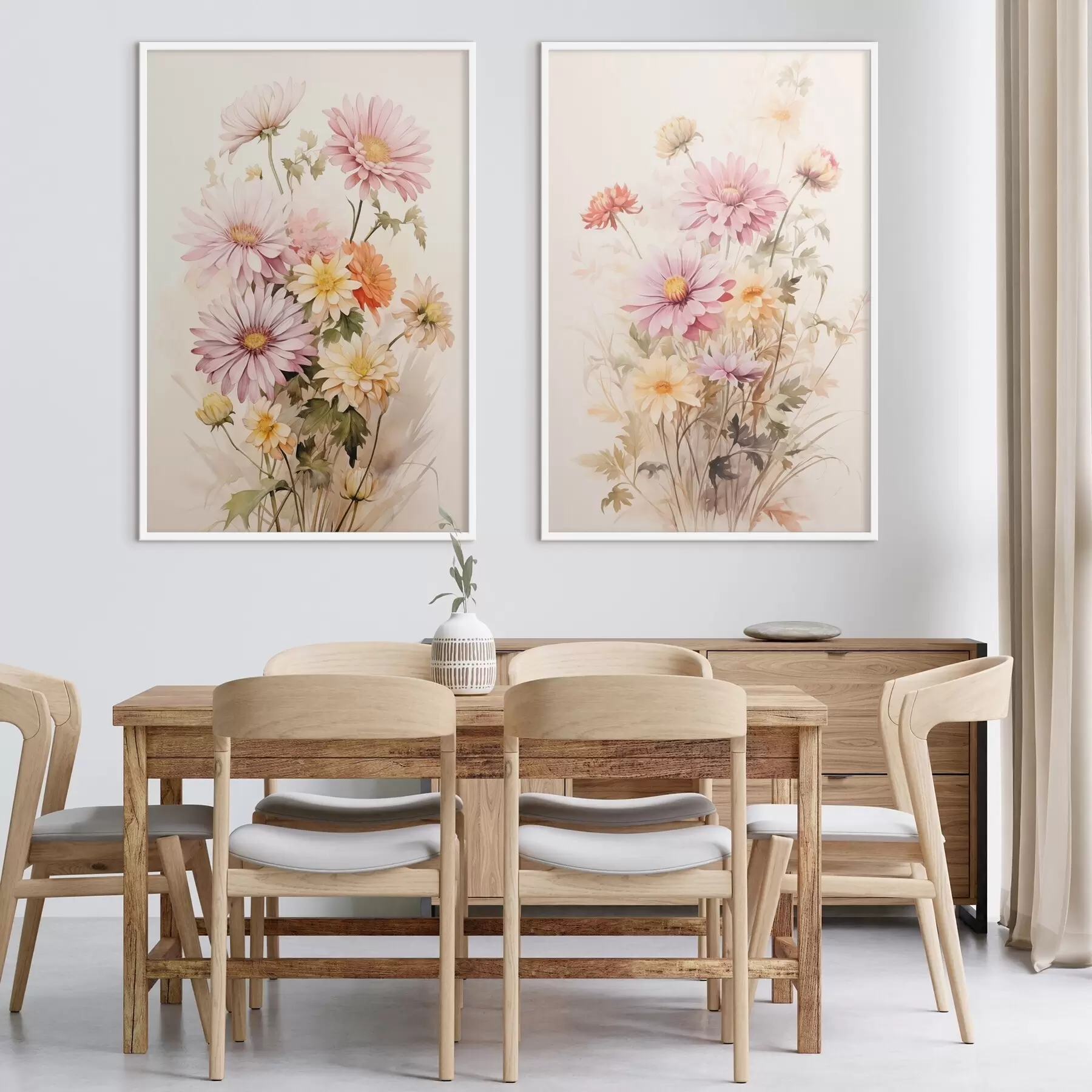 Fotobehang Een boeket kleurrijke bloemen, zachte aquarel stijl, op een lichte achtergrond, botanische illustratie d00649