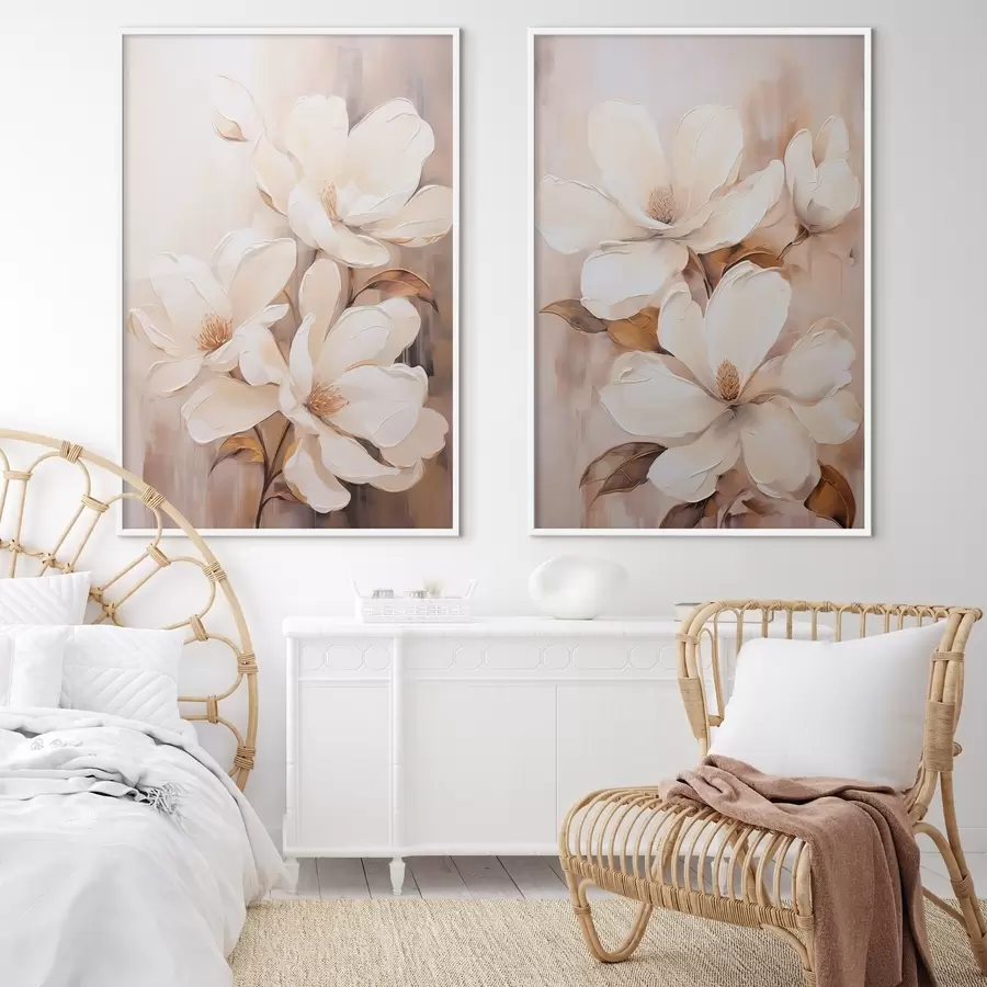Papier peint photo Fleurs de magnolia blanches sur un fond doux et flou de tons beiges et bruns, style peinture d00655