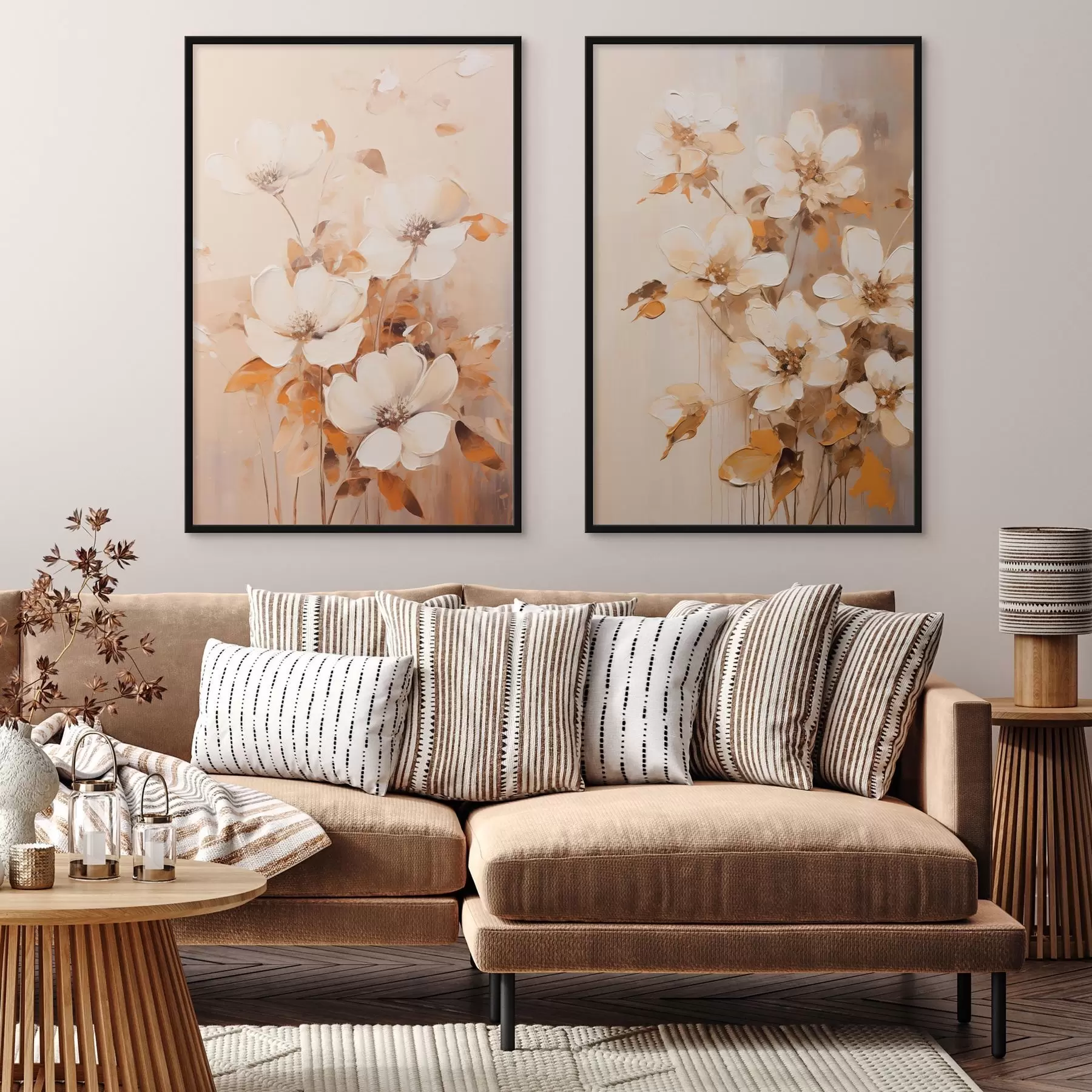 Fotobehang Witte bloemen met oranje bladeren, fijne penseelstreken, warm kleurenpalet, elegante compositie d00656