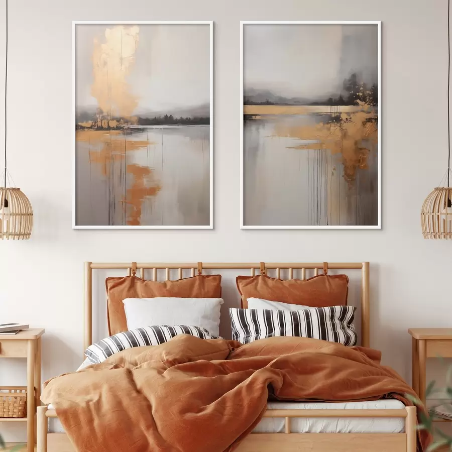 Papier peint photo Un paysage abstrait avec un lac, un arbre et un brouillard jaune, l'eau se reflète et le ciel est nuageux d00657