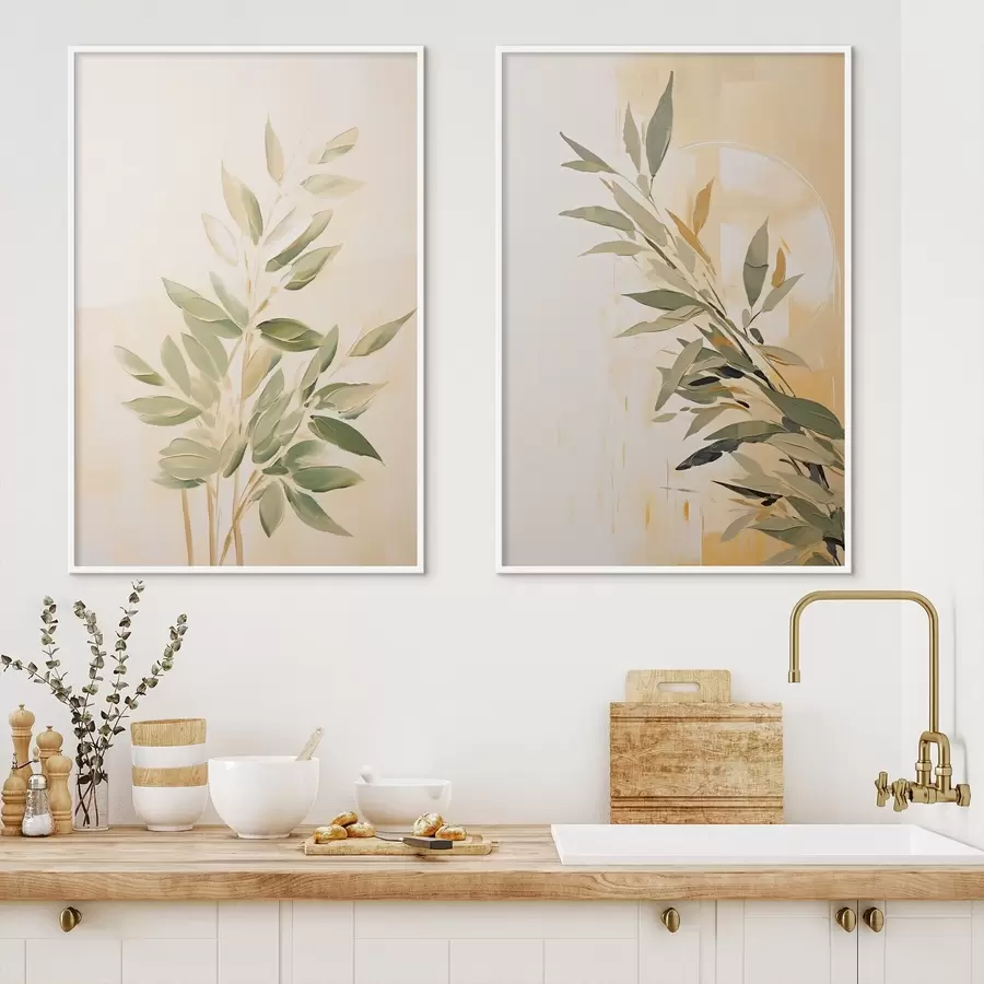 Papier peint photo Branche botanique avec des feuilles vertes sur un fond chaud d00686