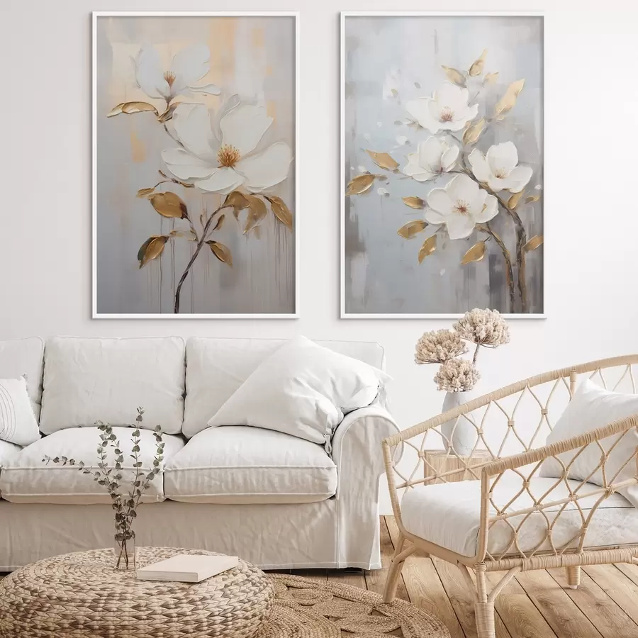 Papier peint photo Deux fleurs blanches avec des feuilles jaune-orange sur un fond clair d00687